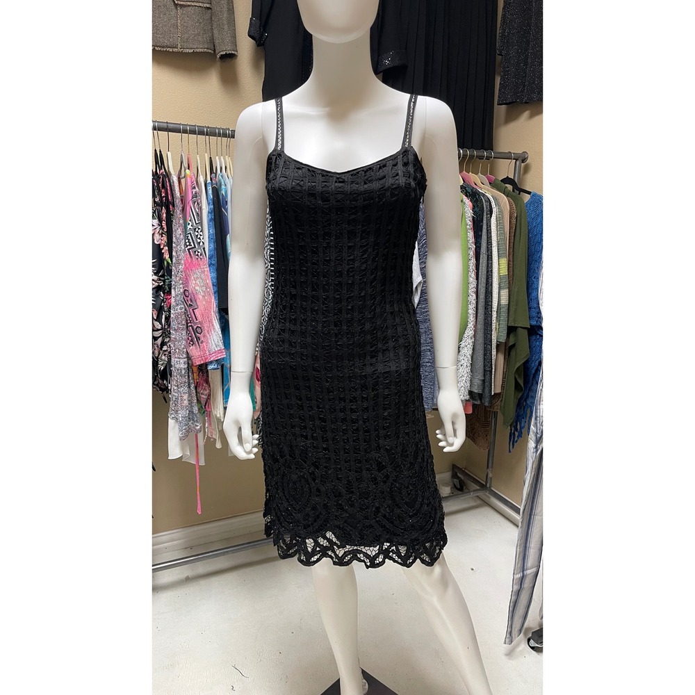 Black Lace Sheath Cocktail Dress Straps Bodycon Elegant Seductive Sexy  LBD XS/S